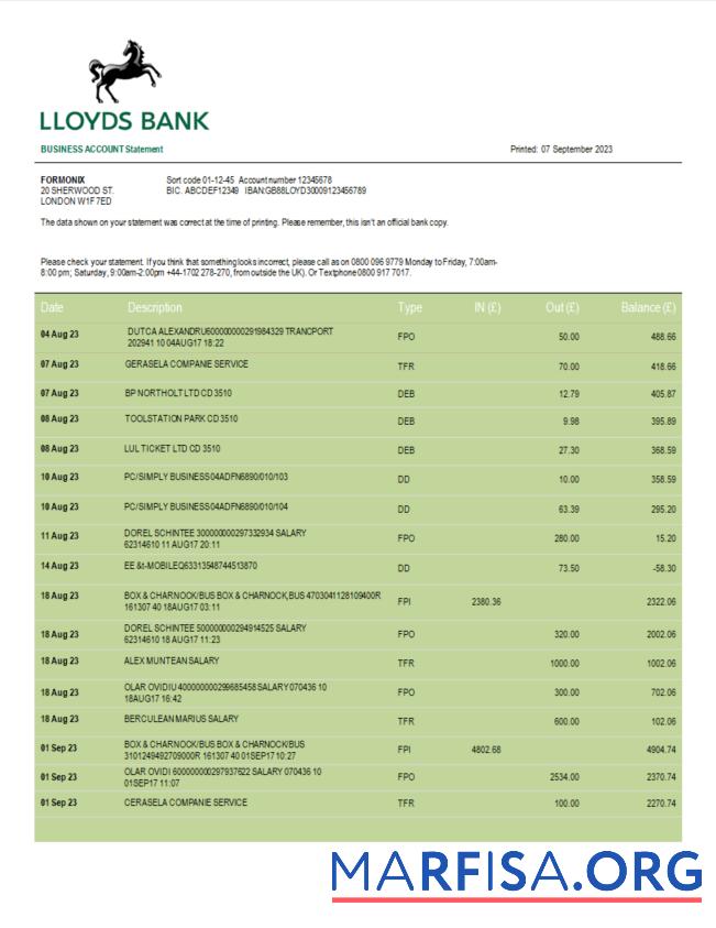 Downloadable Lloyds Bank business account statement Word and PDF template